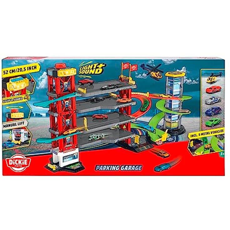 Dickie Toys - 4-stöckiges Parkhaus für Kinder ab 3 Jahre (87x52 cm) mit Zubehör - große Spielzeug-Parkgarage auf 5 Ebenen mit Aufzug, Rennbahn, Spielzeugautos, Hubschrauber, Licht & Sound – Bild 4