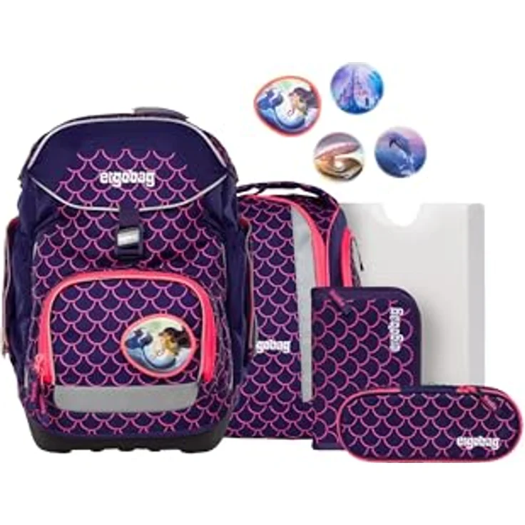 ergobag pack Set, ergonomischer Schulrucksack 6-teiliges Set mit Heftebox und gefülltem Federmäppchen, für 1. Klasse, individuell gestaltbar, stabil und reflektierend – Bild 1