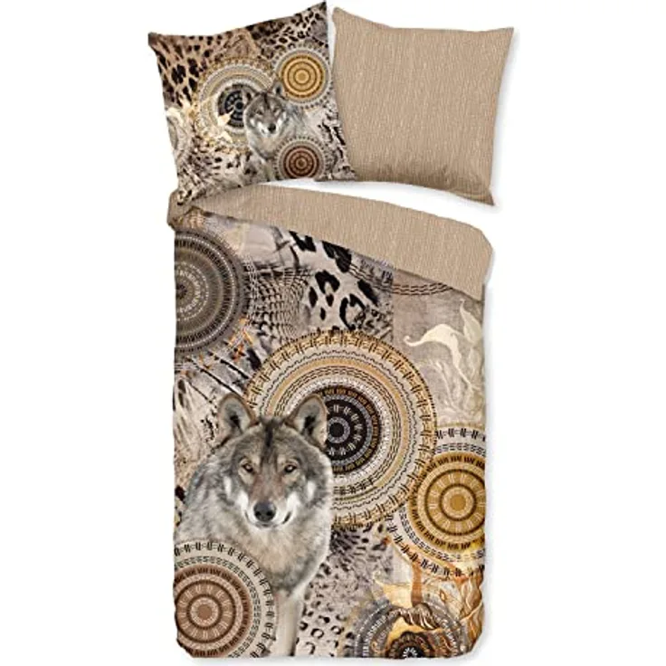 Traumschloss Comfort Flanell Bettwäsche »Sverre«, Mandalas mit Wolf, beige, 155x220 & 80x80, 100% Baumwolle, wärmend & kuschelig, mit Reißverschluss bestehend aus Kissen und Bettbezug
