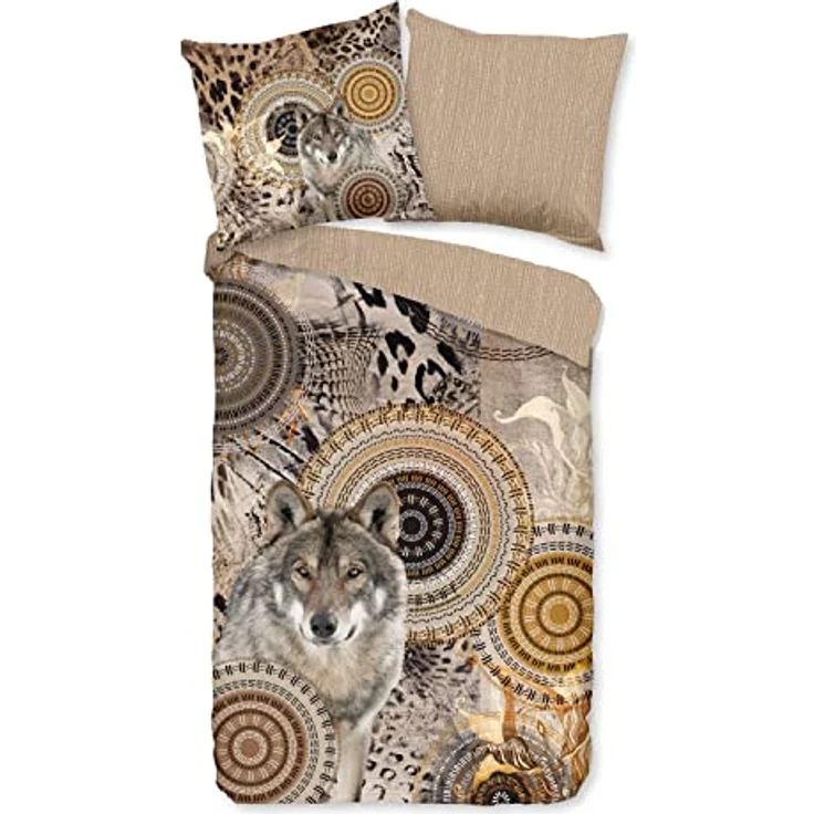 Traumschloss Comfort Flanell Bettwäsche »Sverre«, Mandalas mit Wolf, beige, 155x220 & 80x80, 100% Baumwolle, wärmend & kuschelig, mit Reißverschluss bestehend aus Kissen und Bettbezug – Bild 1