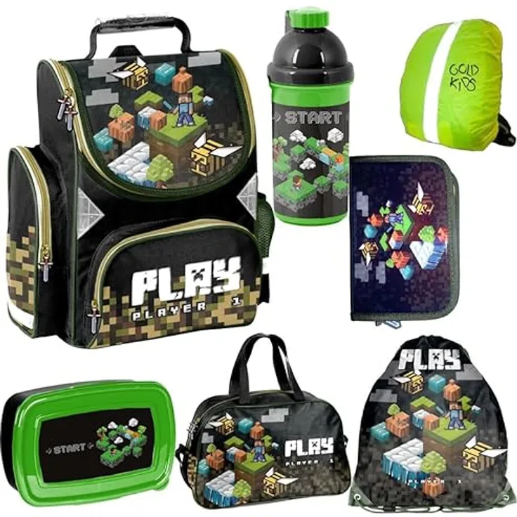 Goldkids Schulranzen Set Jungen 1. klasse 7-teilig Ranzen Tornister Schulrucksack Federmappe Turnbeutel Turnsack Brotdose Trinkflasche Sporttasche Regenschutz Game Pixel Motiv mäppchen, blau