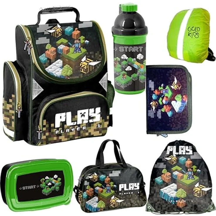 Goldkids Schulranzen Set Jungen 1. klasse 7-teilig Ranzen Tornister Schulrucksack Federmappe Turnbeutel Turnsack Brotdose Trinkflasche Sporttasche Regenschutz Game Pixel Motiv mäppchen, blau – Bild 1