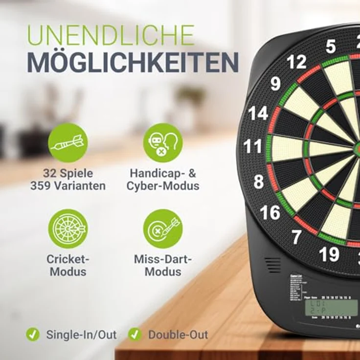 Juskys Elektronische Dartscheibe DART32, 32 Spiele & 359 Varianten, LCD-Display, USB-C, bis zu 8 Spieler, inkl. 18 Pfeilen & Zubehör, Netz- & Batteriebetrieb – Bild 5