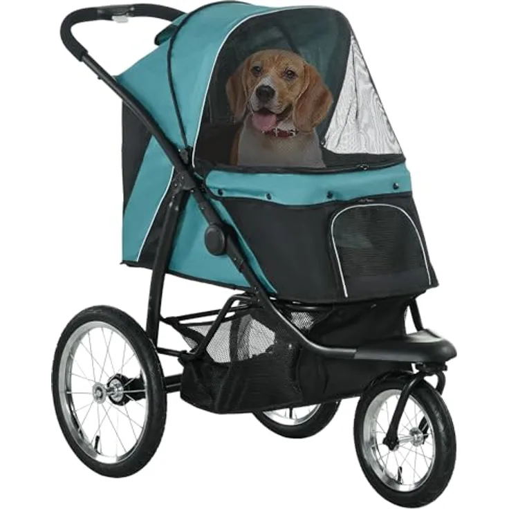 PawHut Hundewagen, klappbarer Hundebuggy für Hunde & Katzen bis 20 kg, Schwarz/Dunkelgrün, mit verstellbarem Sonnendach und Sicherheitsgurten