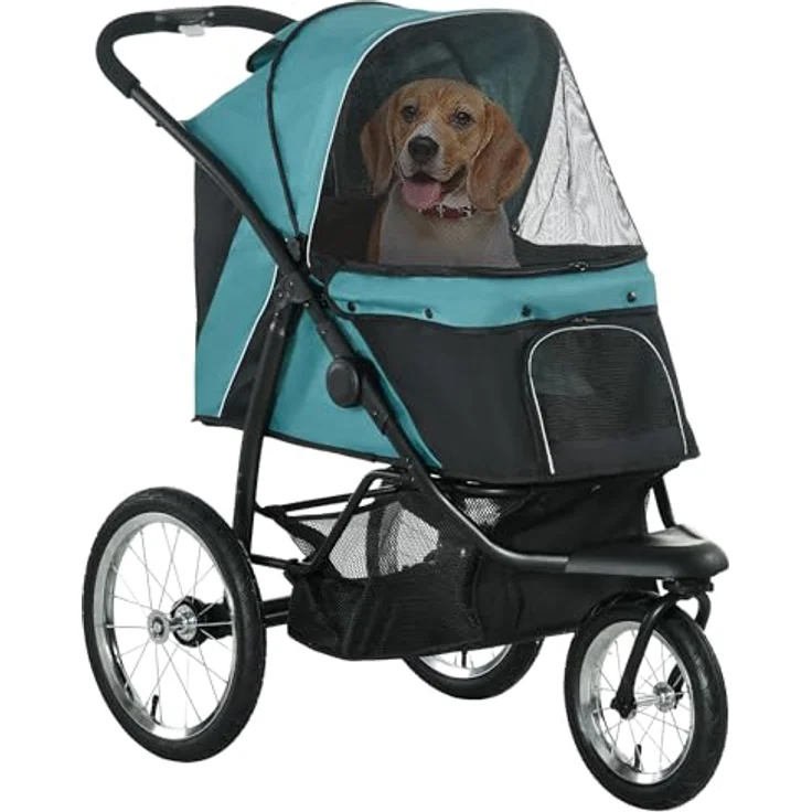 PawHut Hundewagen, klappbarer Hundebuggy für Hunde & Katzen bis 20 kg, Schwarz/Dunkelgrün, mit verstellbarem Sonnendach und Sicherheitsgurten – Bild 1