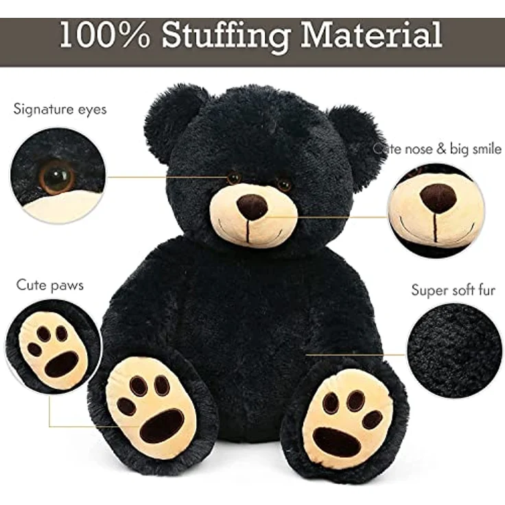LotFancy Teddybär Kuscheltier 50cm, Plüschtier mit sicherer Augen- und Nasenkonstruktion, schwarz – Bild 3