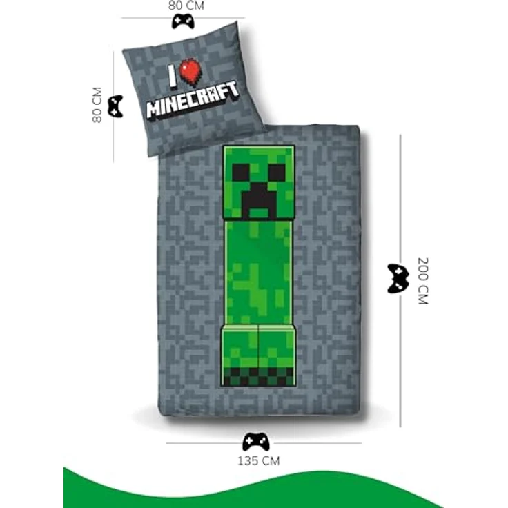MTOnlinehandel Kinderbettwäsche Minecraft 135x200 + 80x80 cm 100% Baumwolle, Biber, 2 teilig, Wende-Motiv, Gaming, Schriftzug "I love Minecraft" – Bild 5