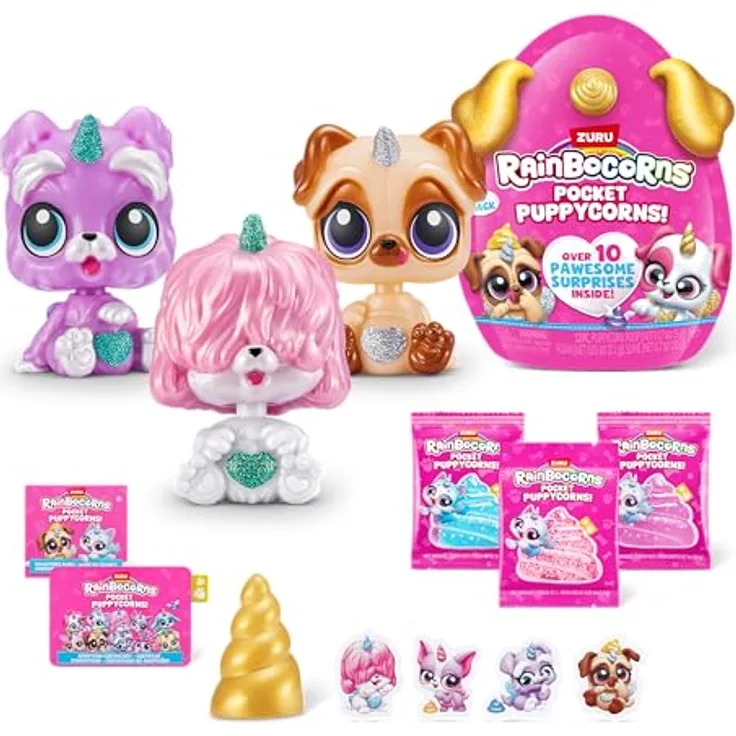 Rainbocorns Pocket Puppycorns 3er-Pack, Überraschungs-Spielzeug mit 10 Überraschungen, Miniatur-Welpen mit Wackelkopf, Hündchen-Figuren für Mädchen