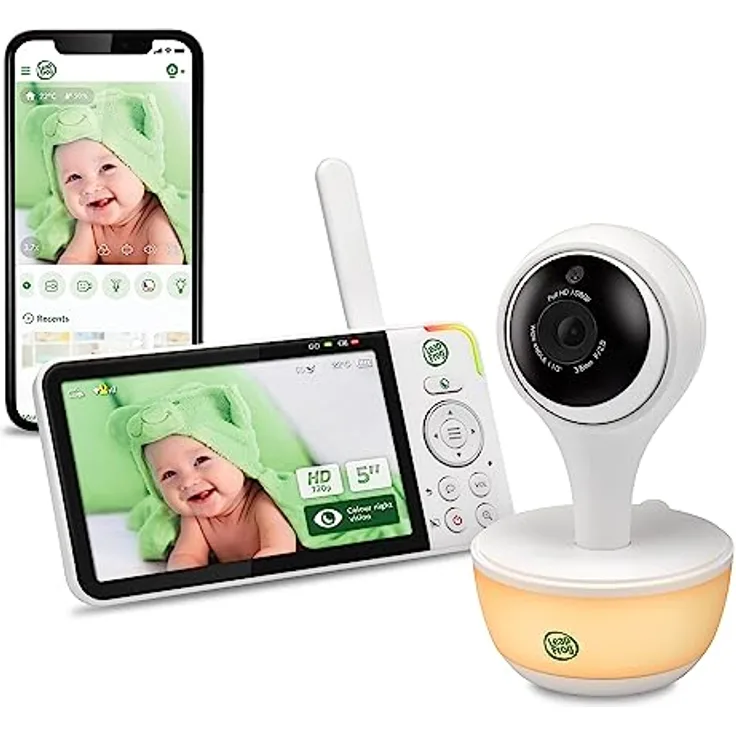 LeapFrog LF815HD smartes Video-Babyphone mit 5-Zoll HD-Farbdisplay, WLAN, Temperatur/Feuchtigkeitssensor, Weitwinkelobjektiv, farbiges Nachtlicht, 8-Fach Zoom, App-Funktion, Wandmontage, Weiss
