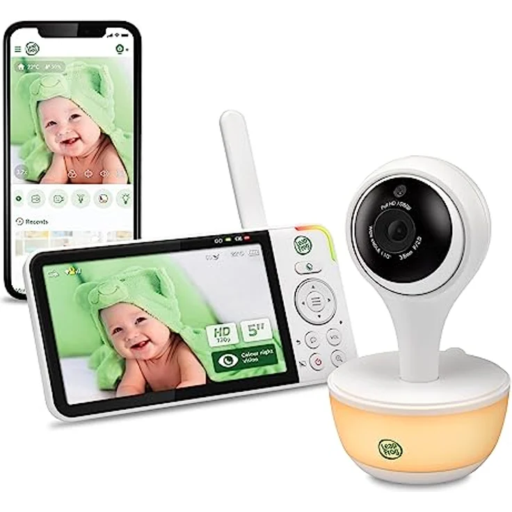 LeapFrog LF815HD smartes Video-Babyphone mit 5-Zoll HD-Farbdisplay, WLAN, Temperatur/Feuchtigkeitssensor, Weitwinkelobjektiv, farbiges Nachtlicht, 8-Fach Zoom, App-Funktion, Wandmontage, Weiss – Bild 1