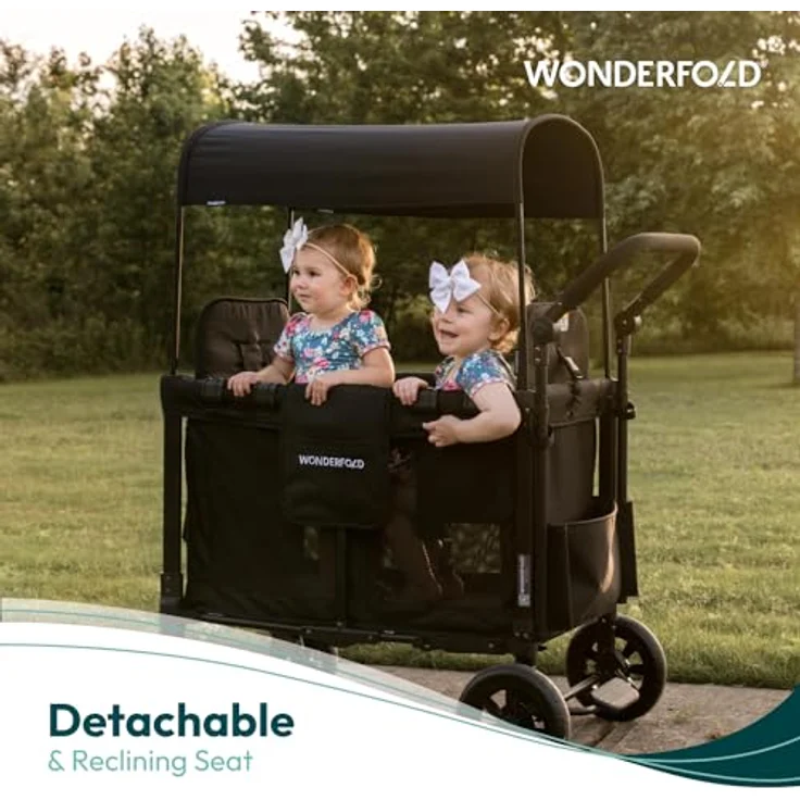 WONDERFOLD W2 Luxe Double Stroller Wagon, Volcanic Black - 2 High Face-to-Face Seats, Magnetic Buckle, 5-Point Harnesses, Adjustable/Removable UV-Protection Canopy – Bild 4