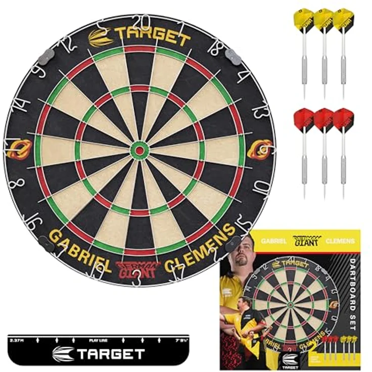 Target Darts Gabriel Clemens Spieler-Edition Dartboard Set, Wettkampfstandard Steel-Dart-Dartspitzen, 6 Messingdarts inkl. Wurflinie, Sisal Dartboard – Bild 1