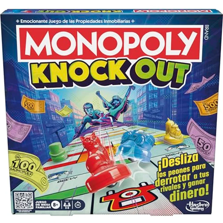 Monopoly Knockout, Familienspiel für Partys, Strategiespiel für 2-8 Spieler, ab 8 Jahren, großes Spielbrett über 90 cm, 16 Schiebefiguren in 4 Farben – Bild 1