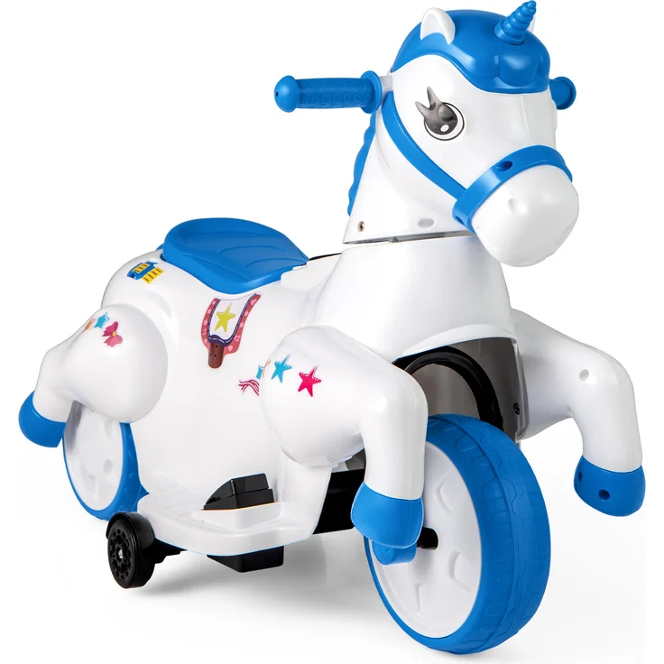 Dreamade Akkubetriebenes Einhorn-Aufsitzspielzeug für Kinder, blau - Musik, 2 Modi, LED-Stromanzeige