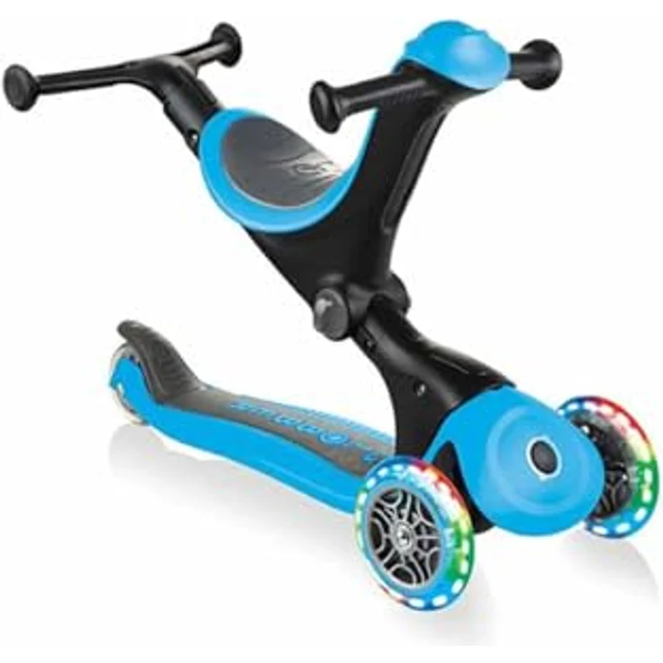Globber Go-Up Deluxe Lights, Scooter mit Leuchtrollen, hellblau, 3-in-1 Nutzung, höhenverstellbar, für 15-36 Monate – Bild 1