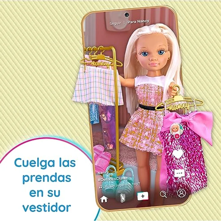 NANCY - Looks Dressing Room, Glamouröser Puppenschrank, 8 Kleider und 8 Accessoires, Spielzeugschuhe, Personalisiertes Stickerset, Jungen und Mädchen ab 3 Jahren, Famosa (NAC48000) – Bild 5