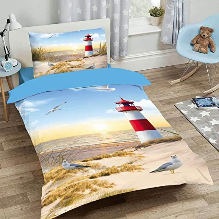 ESPiCO Wende Bettwäsche Sleep and Dream Leuchtturm Bunt Strand Möwe Sturmmöwe Vögel Ostsee Nordsee Sonnenuntergang Düne Renforcé, Größe:135 cm x 200 cm – Bild 4