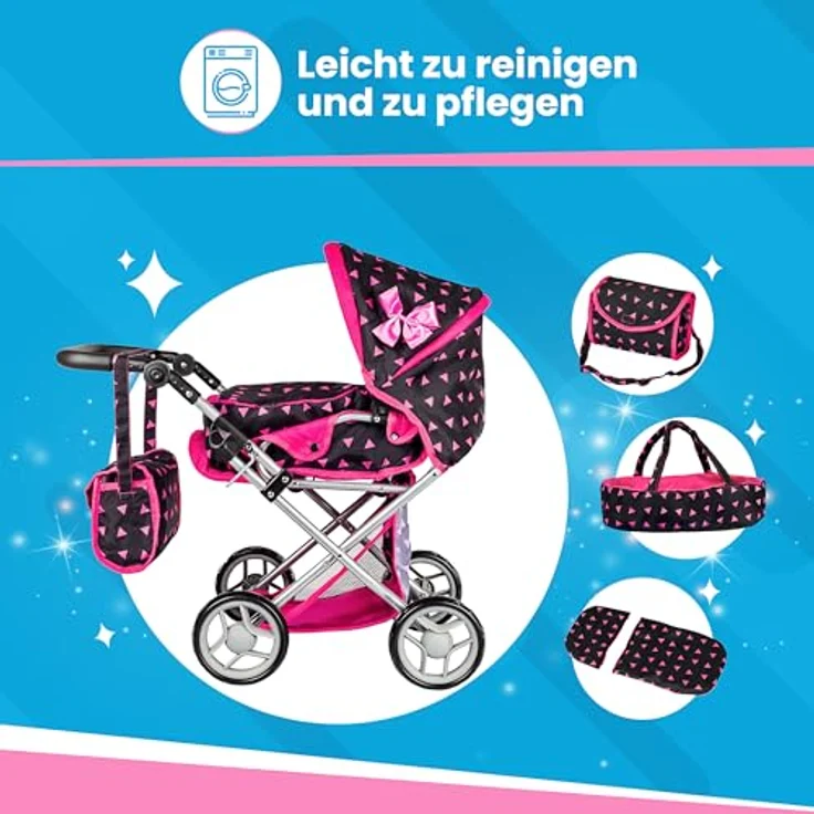 Kinderplay Puppenwagen ab 1 2 3 Jahre Kinderwagen Spielzeug - Kombi, 3 in 1, Puppenwagen mit Herausnehmbarer Tragetasche und Umhängetasche, Höhenverstellbar bis 62 cm, KP0200R – Bild 8
