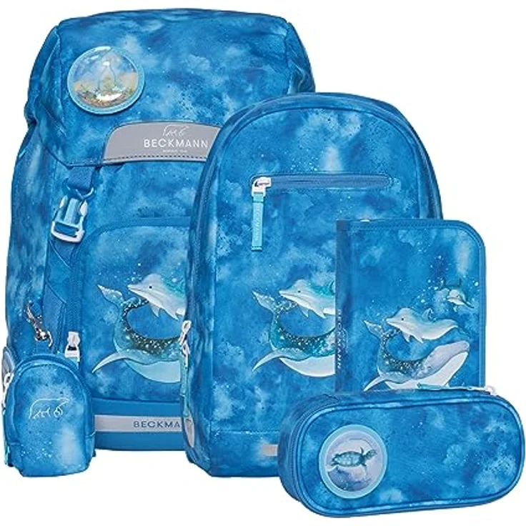 Beckmann Schulranzen Classic, 6tlg. Set mit Sportrucksack, Federmäppchen, Schlamperrolle und Buttons, blau – Bild 1