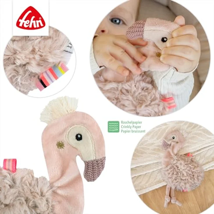 Fehn Greifspielzeug Lazy, Crazy & Pink, Knister-Flamingo aus kuschligen Materialien mit Raschelpapier – Bild 4