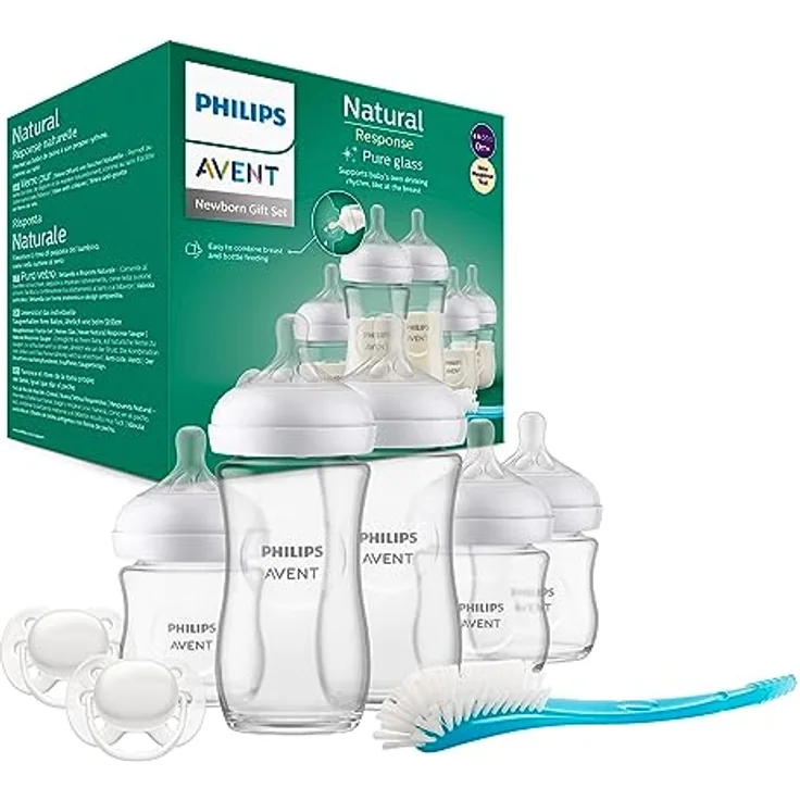 Philips Avent Natural Response Glas-Geschenkset für Neugeborene – 3 x 120 ml und 2 x 240 ml Babyflaschen, 2 x Philips Avent ultra soft Schnuller 0–6 Monate, Flaschenbürste, BPA-frei (Modell SCD879/11)