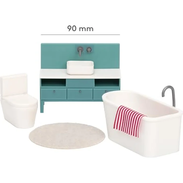 Lundby Puppenhaus Badezimmer Möbel - 5 teilig - Miniatur Toilette, Waschbecken, Teppich und Miniatur Badewanne - Toilette Puppenhaus Möbel Set - Puppenmöbel Puppenhaus Zubehör - 11cm Puppen 1:18 – Bild 5