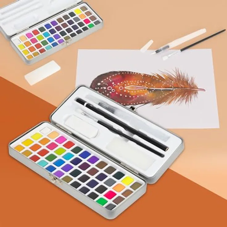 ECD Germany Kreativset Malkoffer 49-tlg, Aquarellfarben Set mit 48 Farben, Pinsel, Bleistift 2B, in silberner Metallschachtel