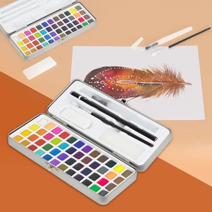 ECD Germany Kreativset Malkoffer 49-tlg, Aquarellfarben Set mit 48 Farben, Pinsel, Bleistift 2B, in silberner Metallschachtel – Bild 1