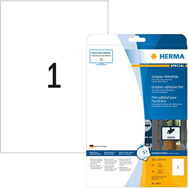 HERMA 9500 Wetterfeste Folienetiketten, selbstklebend, bedruckbar, matt, weiß, 10 Stück, 210 x 297 mm – Bild 1
