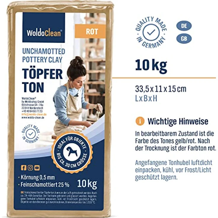 dynamic24 Modelliermasse Woldoclean, Töpfer-Tonmasse 10kg rot, lufttrocknend, feinschamottiert 0,5mm für kreative Projekte – Bild 6