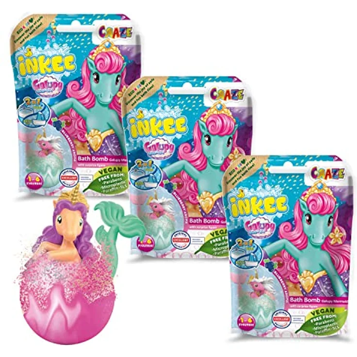 CRAZE INKEE GALUPY MERMAID | 3er Pack Meerjungfrau Badekugeln, 3x Kinder Badebomben mit Überraschung , Einhorn Spielzeug, Blaubeerenaroma – Bild 1