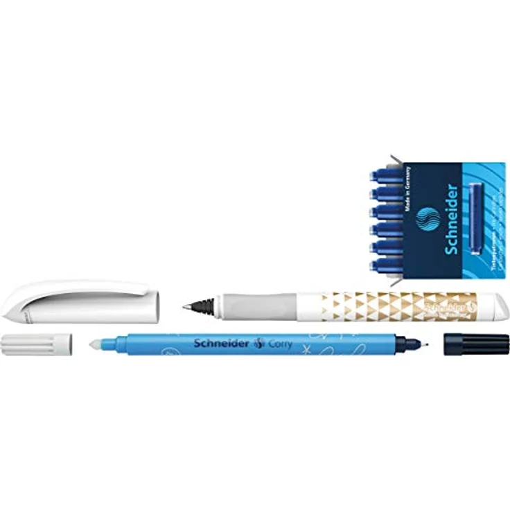 SCHNEIDER NOVUS Füllhalter Patronenroller Easy Ball mit Tintenlöscher + 6 Patronen, blau – Bild 5