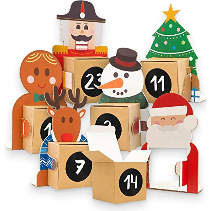 DIY itenga Adventskalender zum Befüllen Weihnachtsbande 24 weihnachtliche Karton Figuren zum Aufstellen mit Box zum Selberbefüllen + Zahlenaufkleber