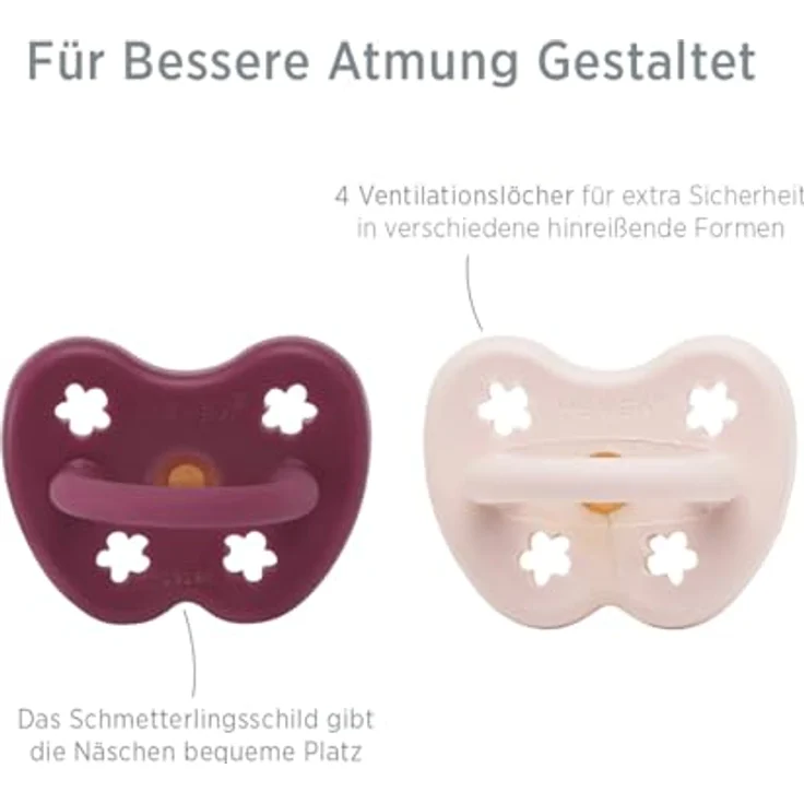HEVEA Naturkautschuk Schnuller kiefergerecht, 3-36 Monate - hygienisches einteiliges Design, BPA-frei, weich & langlebig - 2er Pack (Puderrosa & Kirschrot) – Bild 2