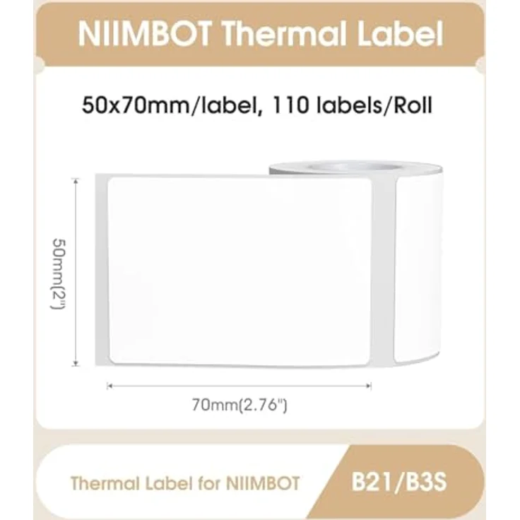 NIIMBOT B21/B3S Etikettierband, wasserdicht, selbstklebend, 50 x 70 mm, 1 Rolle mit 110 Stück (weiß) – Bild 3
