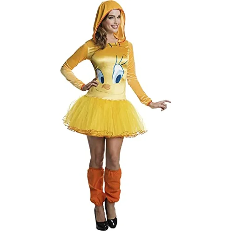 Rubies Tweety Hoodie Dress, langärmliges Kapuzenkleid mit Petticoat und Legwarmern, gelb