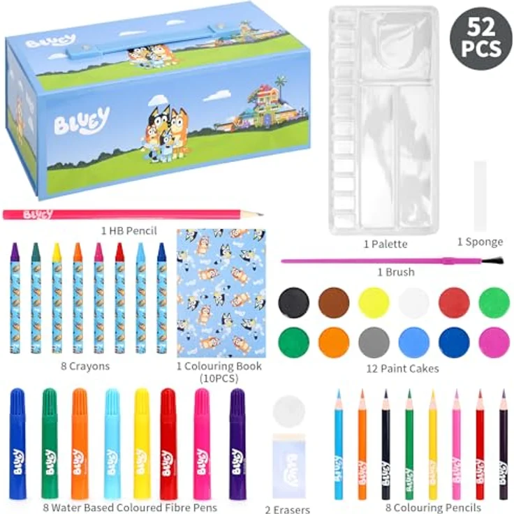 Bluey Farbkasten Mal- & Schreibwaren Set, Farbenfrohes Pastellfarben Koffer mit Buntstiften, Filzstiften und Wasserfarben – Bild 2