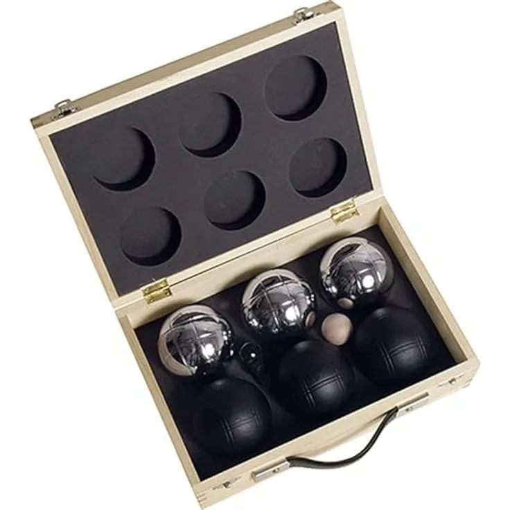 Buffalo Jeu de Boules Set, gepulverbeschichtet, sechs Metallkugeln mit 74 mm Durchmesser, inklusive Holzkiste und Spielregeln