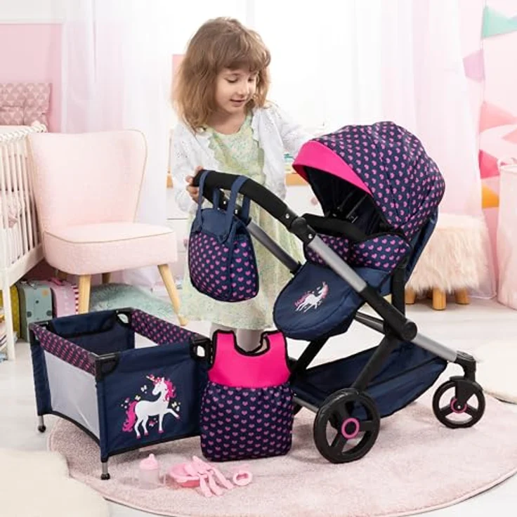 Bayer Design 17054AB Puppenwagen Xeo, Verstellbarer Griff, Schwenkschieber, Jogger, Schlafsack, Puppenbett, Zubehör – Bild 5