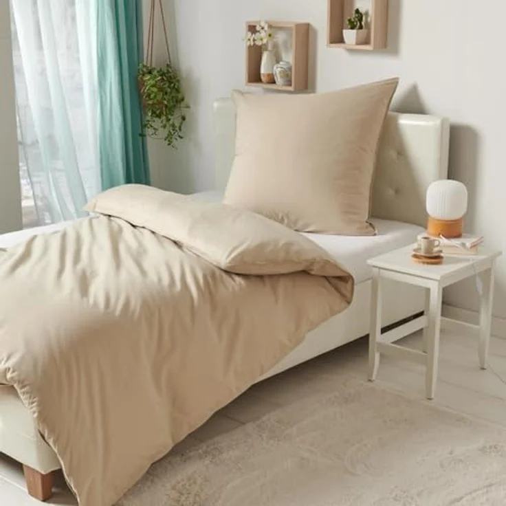 Traumschlaf Basic Uni Bettwäsche Chambray Sand, 1 Bettbezug 140 x 200 cm + 1 Kissenbezug 70 x 90 cm - Temperaturausgleichend und hautsympathisch – Bild 2
