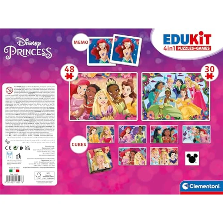 Clementoni Edukit 4 in 1 Disney-Prinzessinnen (Memory, Puzzle 30 und 48 Stücke, 6 Würfel) - pädagogische Spiele für Kinder - Memory und Logik-Spiel 18297 – Bild 3