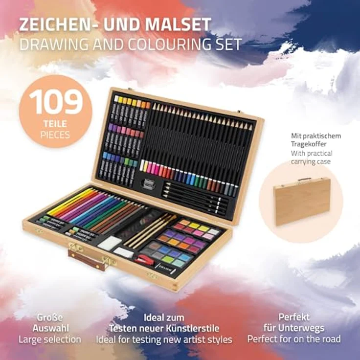 ECD Germany Malkoffer Kreativset 109-teilig, mit Ölpastellkreiden, Buntstiften, Wasserfarben und Zubehör, Holz, braun – Bild 3