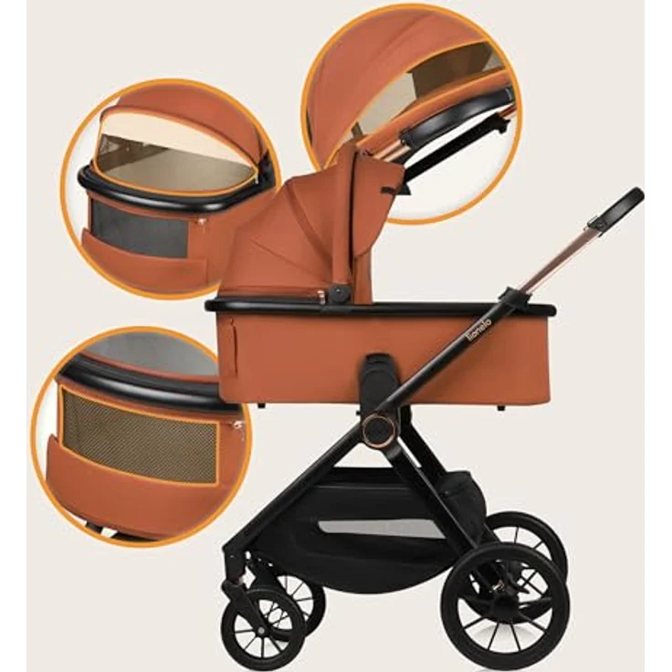 Lionelo LO-Layla 3in1 Kinderwagenset, Kombikinderwagen in Cognac, 3-teilig mit Babywanne, Babyschale und Sportwagenaufsatz, EN 1888, All-Terrain-Räder – Bild 7