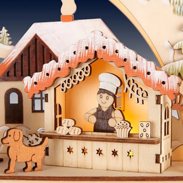 BRUBAKER Adventskalender zum Befüllen - Weihnachtsdorf 2024 aus Holz mit LED Beleuchtung - Dorf mit Kindern, Bäckerei, Hund und Wald - 40 cm Kalender mit Bogen - Braunoptik - Beleuchtet – Bild 5