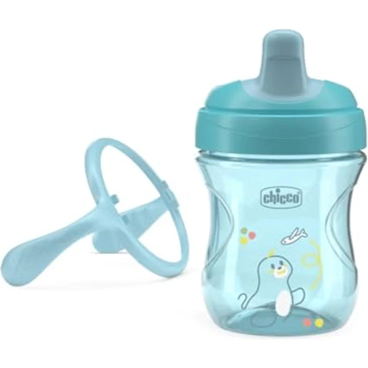 Chicco Training Trinklernbecher, auslaufsicherer Kunststoffbecher mit ergonomischer halbweicher Tülle, Ventil und abnehmbaren Griffen, Hellblau, für Babies ab 6 Monaten – Bild 3