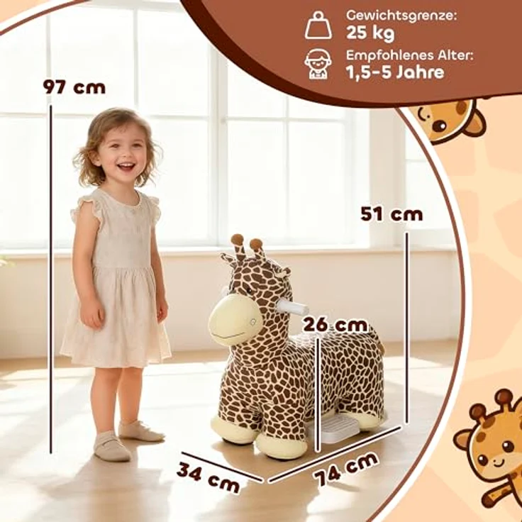 AIYAPLAY Kinder Elektroauto Giraffe, 6V Batteriebetriebenes Fahrzeug mit Musik, waschbarem Plüschbezug, leisen Rädern, 1,8-3 km/h für Kinder von 1,5-5 Jahren, Braun – Bild 3