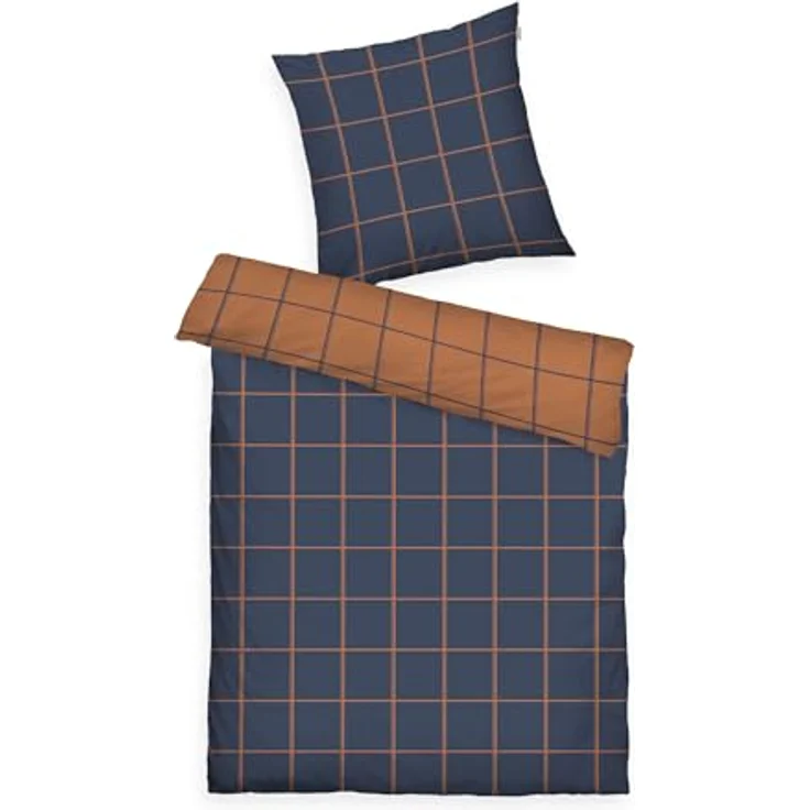 TOM TAILOR Flanell-Bettwäsche LARGE CHECK Blau, Braun (Dark Navy & Rusty Red), 100% Baumwolle, Wendemotiv, farbiger Markenreißverschluss – Bild 1