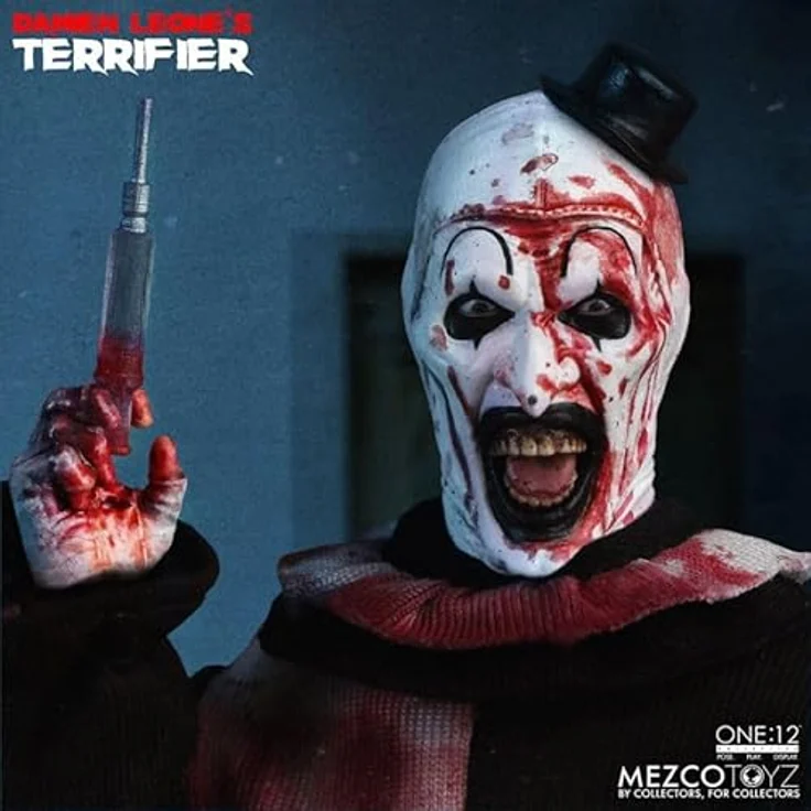 MEZCO Art The Clown Figur, 18 cm, Terrifier One:12 Collective mit 28 Gelenkpunkten, 3 Köpfen, Zubehör und Waffen – Bild 2