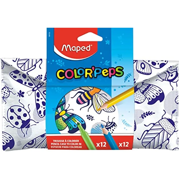 Maped - XXL Ausmalbares Federmäppchen inkl. 12x Buntstifte Strong & 12x Filzstifte LONGLIFE - einfaches Finden und Herausnehmen der Stifte - bemalbar mit Bunt- und Filzstiften -mit Klettverschluss