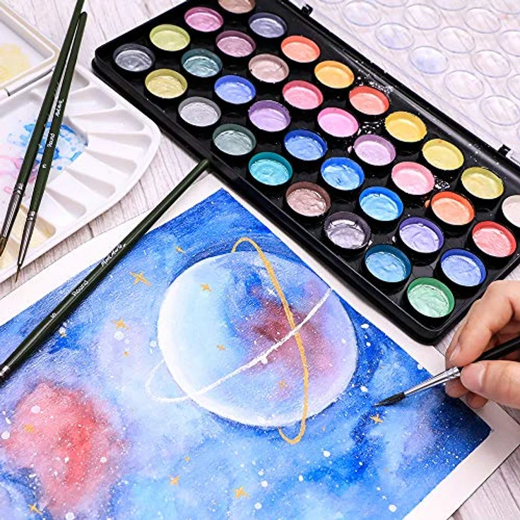 Mont Marte Metallic Aquarellfarben Set, 36 Wasserfarben inklusive Pinsel, kompaktes Design, ideal für Anfänger und Profis – Bild 3